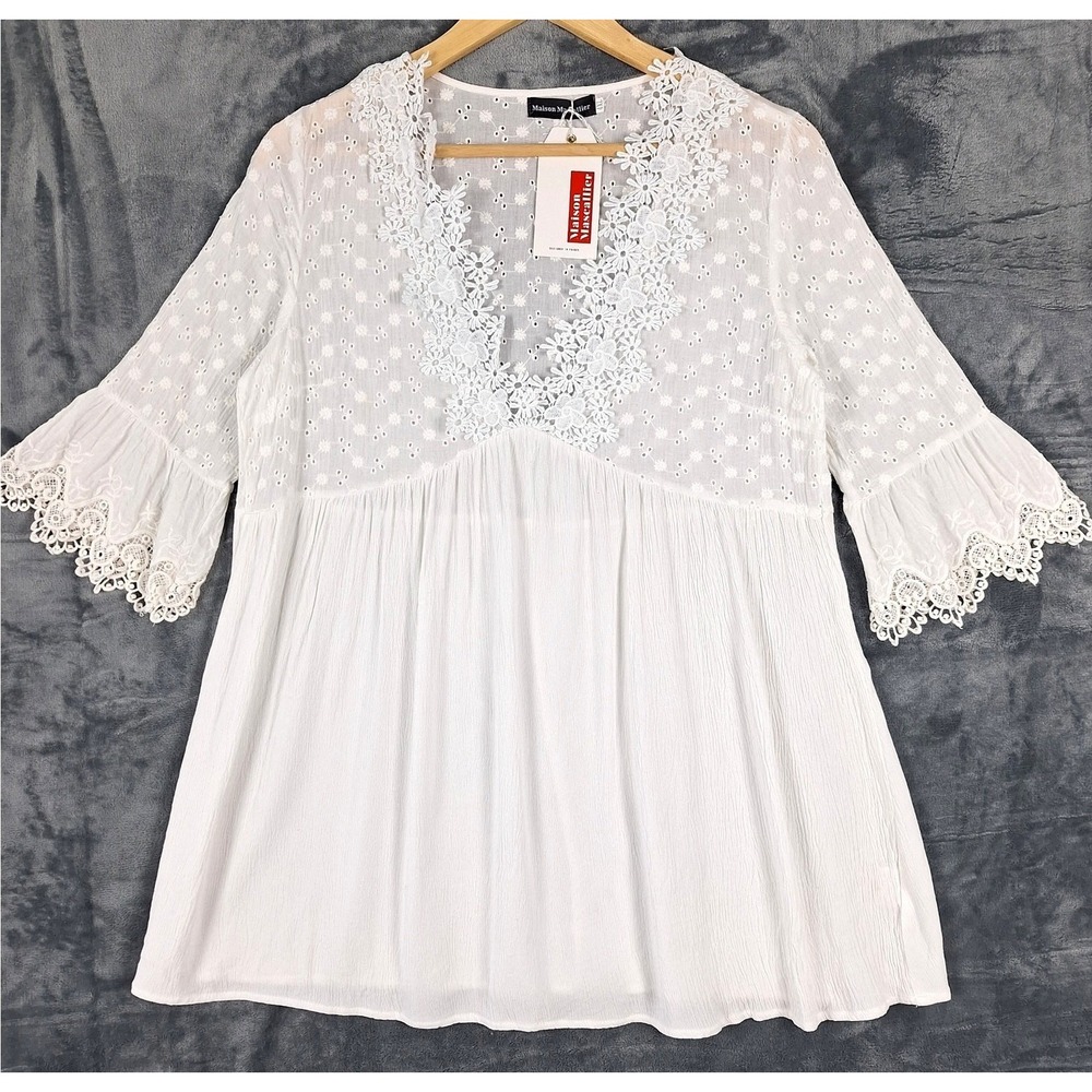 Womens Top 4XL‎ White Boho Crochet Eyelet Cottagecore Babydoll Gauzy Fairy Angel